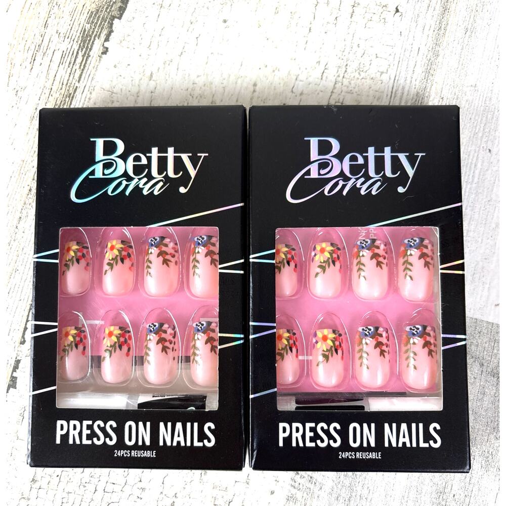 Betty Cora Press On Square Floral Skin Tone Fake Nails 48 Pcs 2 Boxes NEW Beauty